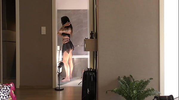 All natural super sexy hot tattooed brunette cheerleader in her mini skirt teases in the bathroom